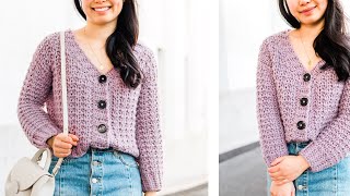 Crochet Chunky Cropped Cardigan with Buttons Free Pattern  Tutorial  For The Frills [upl. by Arabella186]