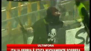 Italy Serbia Football Match suspended Fans burn albanian flag [upl. by Anaeerb]