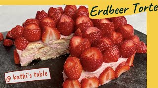 Erdbeer Biskotten Torte  ohne backen  mit Löffelbiskuit  Erdbeer Sahne   kathi‘s table [upl. by Neela]