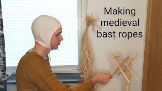 Medieval rope making with bast using a reel and a stick [upl. by Luar]