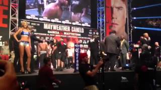 floyd Mayweather vs Canelo alvarez weigh in and faceoff fans go wild [upl. by Andi]