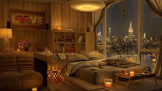 4K Cozy Bedroom  A Rainy Night Sleeping in New York City  Jazz Music for Sleep Study Focus Work [upl. by Oicul]