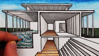 How to Draw a House in 1Point Perspective Sectional Perspective [upl. by Kcirrad469]