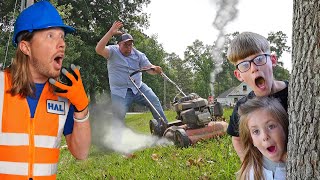 Handyman Hal helps friend with Lawn Care  Mowers and leaf blowers for kids [upl. by Yaffit]