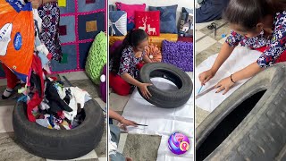 How to make old tyre sofa at home with old wast clothe reuse [upl. by Mixie]