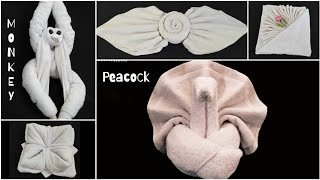 5 Ideas of Towel folding Origami Monkey Flowers Peacock Lotus Sunset [upl. by Darbee]