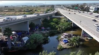 Drone video captures large homeless encampment under I5 near SeaWorld Drive  NBC 7 San Diego [upl. by Arv]