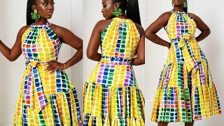 How to cut and sew a Halter Sleeveless Tiered Midi Dress  Detailed Cutting and Sewing Tutorial [upl. by Ettecul]