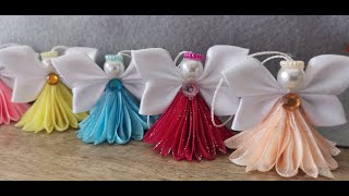 DIY Ribbon Angel  Kanzashi Christmas Angel  Kanzashi Satin ribbon Angels  Handmade decoration [upl. by Ranilopa]