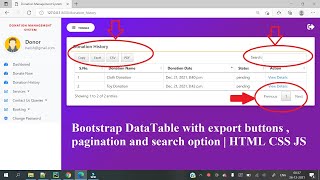 Bootstrap Datatable with export buttons  pagination and search option  HTML CSS JS [upl. by Skrap]