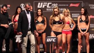 Ronda Rousey and Bethe Correia face off at UFC 190 weighins [upl. by Ayotyal886]