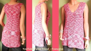 Tuto Tricot Débardeur Femme col V tailles 3840  4244  4648  5052 Point de blé et point ajouré [upl. by Atwahs]