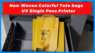 Focus Inc Acaleph891S UV Single Pass printer color ink printing on color base nonwoven bags [upl. by Elleynod335]