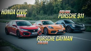 The Ultimate Drag Race  Honda Civic VS Porsche Cayman VS Porsche 911 [upl. by Claudell]