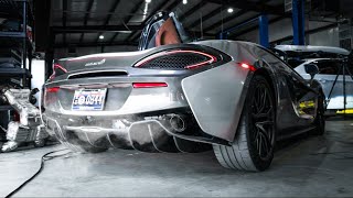 McLaren 570S Titanium Straight Pipe Exhaust  Downpipes SOUND VS Stock  INSANE Turbo Noise [upl. by Aymahs]