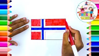 Hvordan tegne og fargelegge det Norske flagget  Tegneskole  Norske barnesanger  farge verden [upl. by Yeltihw]