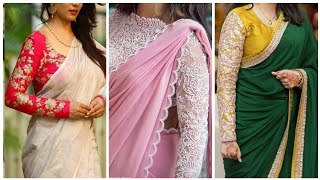 Plain saree styles with designer full sleeve blouse designs [upl. by Egdirdle]