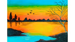 How to Draw a Beautiful Sunset Nature  Easy Sunset Scenery Drawing Tutorial  Oil Pastel [upl. by Wrench]