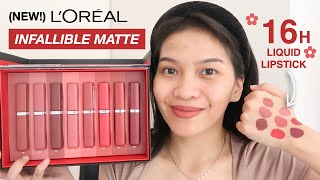 LOREAL INFALLIBLE MATTE RESISTANCE LIQUID LIPSTICK SWATCHES Ratu Adellya [upl. by Mudenihc314]