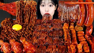 ASMR MUKBANG 직접 만든 불닭 짜장 버섯 양념치킨 소세지 먹방 amp 레시피 SPICY MUSHROOMS AND FIRE NOODLES EATING [upl. by Mit407]