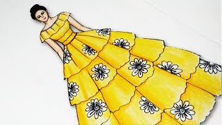 Beautiful dresses drawing  How to draw Womens Floral Dress  Fashion illustration art [upl. by Kennie881]