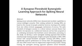 A Synapse Threshold Synergistic Learning Approach for Spiking Neural Networks [upl. by Kingsbury]