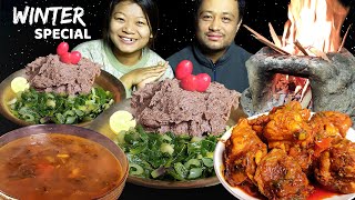 Outdoor Cooking amp Eating  Nepali Authentic Food Mukbang  Eating Dhido Gundruk amp Chicken Curry [upl. by Itra]