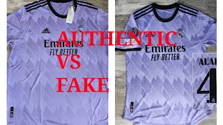 comparing authentic Real Madrid 2223 away jersey to a fake jersey [upl. by Lezah]