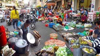 Noodle Spring Rolls Salty Crab Dried Smoked Fish Sweet Cakes amp More  Cambodian Market Food [upl. by Venterea459]