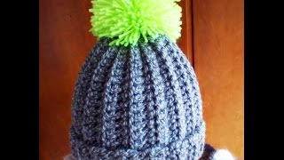 Crochet easy ribbed pom pom Hat [upl. by Nwavahs32]