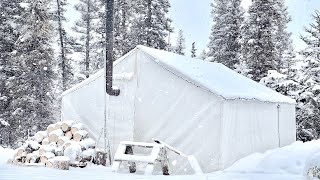 30C WINTER CAMPING ALONE in a HOT TENT HEAVY SNOWFALL BLIZZARD [upl. by Enoyrt]