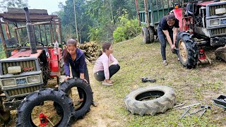 The girl went to change the tire of the village car to carry wood for the neighbor repair girl [upl. by Llebyram]