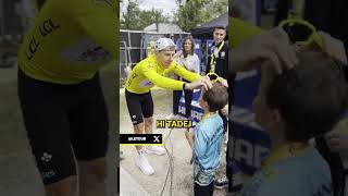 Pogacar gives Cavendishs son his sunglasses 😎 after the historic 35th stage win by his dad cycling [upl. by Ardnuahc851]