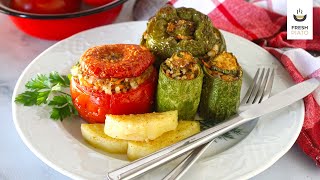 Gemista  Greek traditional recipe for stuffed vegetables with rice vegan version  Fresh Piato [upl. by Tharp220]