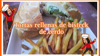 Estas Tortas rellenas de bisteck de cerdo son muy rápidas y fáciles 🐷🐖🐽🍞🥐🥯 food foodie [upl. by Bent286]