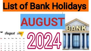 List of Bank Holidays August 2024 August 2024 Bank Holidays In India [upl. by Idden]