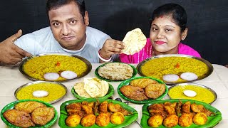 SPICY DAL KHICHURI BOIL EGG CURRY POTATO PAKORA PAPAD EATING CHALLENGE  food family blogs [upl. by Abbe]