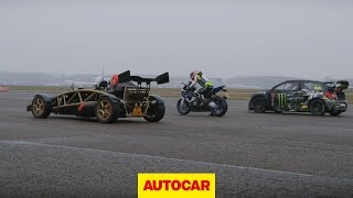 Ariel Atom V8 vs 600bhp rallycross Citroen DS3 vs BMW HP4 superbike drag race  autocarcouk [upl. by Issak]