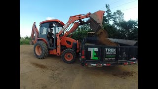 Topsoiling loading and spreading Kubota M59 backhoe  John Deere 110 backhoe  Takeuchi TB260 [upl. by Alis]