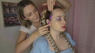 ASMR Perfectionist Festival Twin Braid Hairstyle With Tinsel Extensions  Wax Mini Combing amp Makeup [upl. by Selbbep]