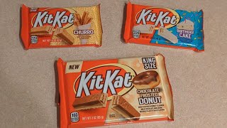 Reviewing Limited Edition KIT KAT Bars Birthday Cake Churro amp Chocolate Frosted Donut Flavors [upl. by Einnus528]