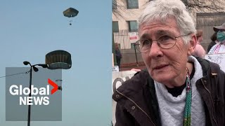 US Gaza food aid airdrop dismissed by protesters “Dropping some food dropping the bombs” [upl. by Schaffer]