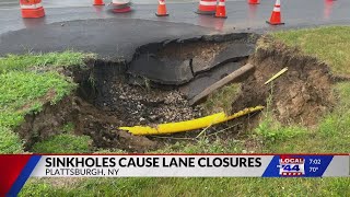 Thursday storms causes sinkholes amp plane damage in Plattsburgh [upl. by Asiruam]