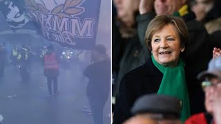 Delia Smith looks shaken after yobs hurl cans and flares at her car as she arrives for Ipswich v [upl. by Leffen314]