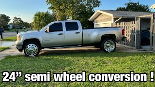 Full 24 semi wheel conversion on my 2011 gmc sierra 3500 dually drw Chevy silverado nnbs [upl. by Retsek]