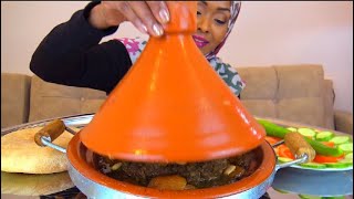 MOROCCAN FOOD MUKBANG  طاجن لحمة بالمشمش واللوز  مكبانغ الآكل المغربي [upl. by Sivrep119]