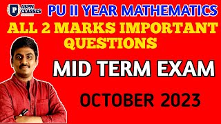 2nd PUC MATHS 2 MARKS IMPORTANT QUESTIONS FOR MIDTERM EXAM 2023 [upl. by Silber]