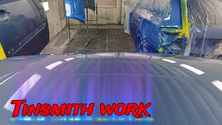 Tinsmith work Bodywork Overflow Glasurit base Blue pearl SATA HVLP Iwata WS400 Clear RM [upl. by Ellerret]