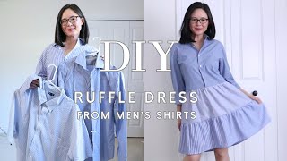 Upcycle men’s shirts into a ruffled dress  DIY thrift flip  Easy beginner sewing project [upl. by Maunsell162]