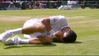 Djokovic takes a bad fall during his match with Simon  Wimbledon 2014 [upl. by Shoemaker]